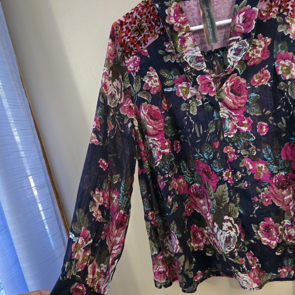 Aratta Silent Journey Floral Navy Blouse with Pink and Green Accents - Picture 8 of 14